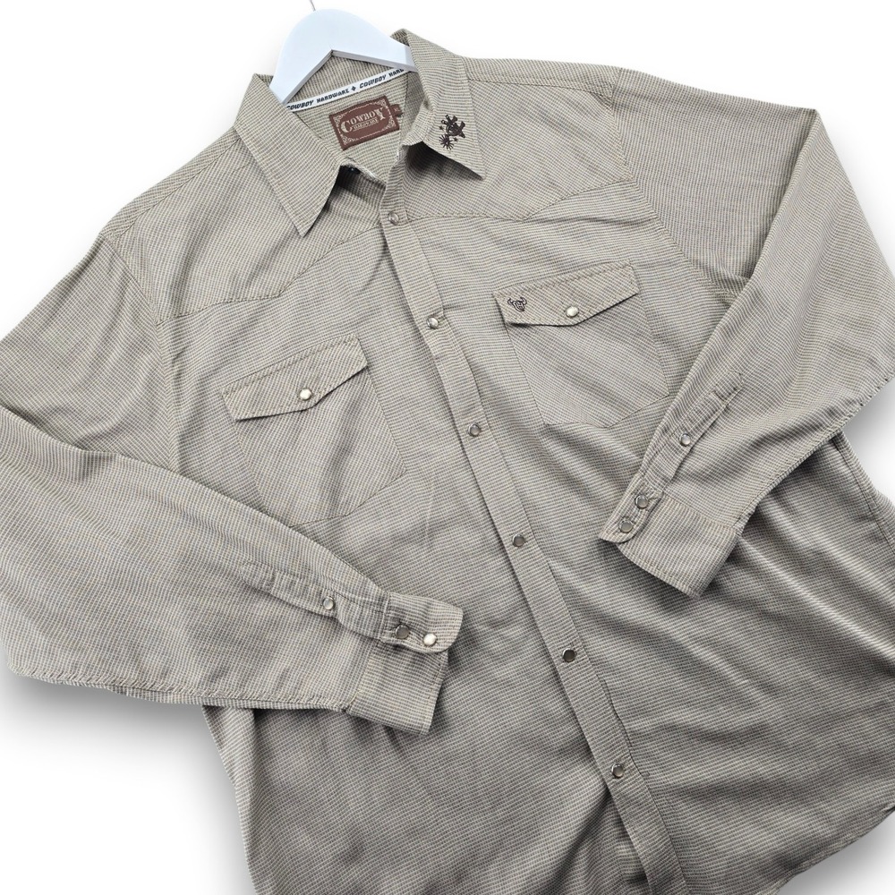 Cowboy Hardware Western Shirt Mens XL Tan Brown Cotton Snap Long Sleeve Textured